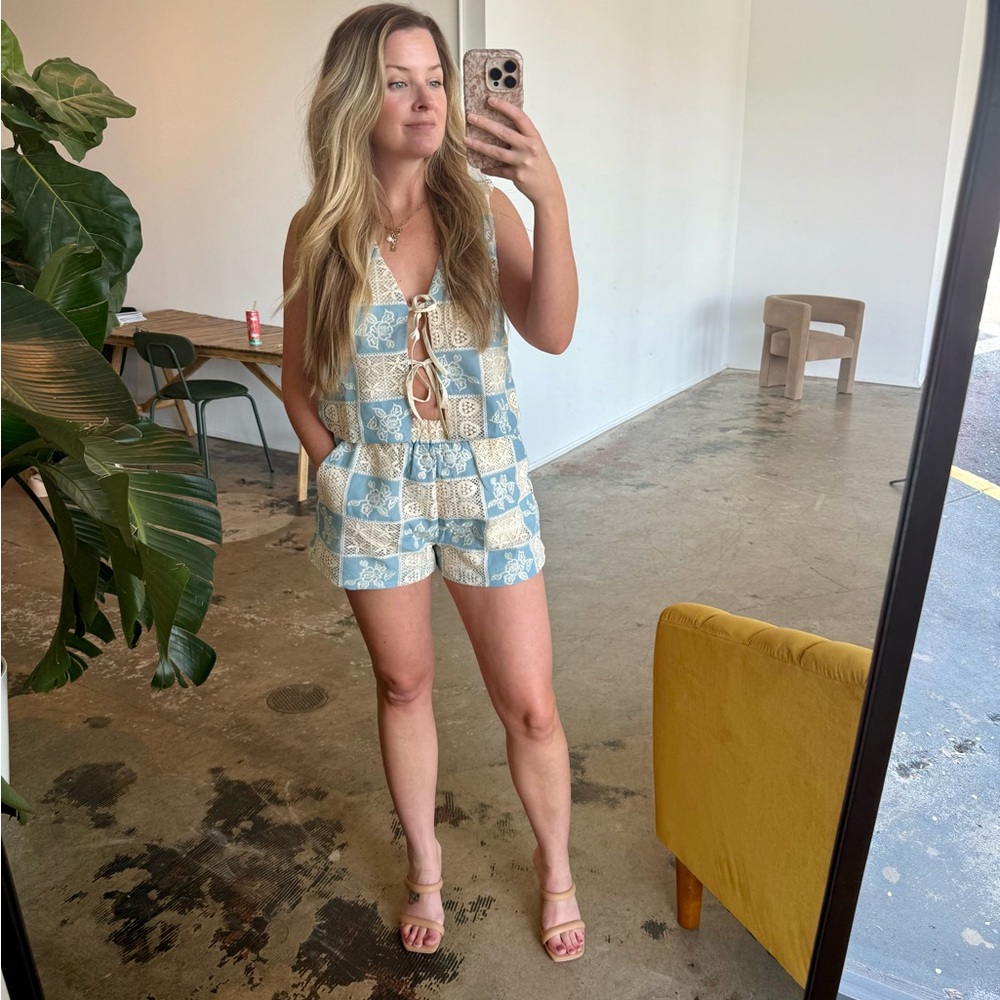 NWT Blue and Cream Crochet Two-Piece Set